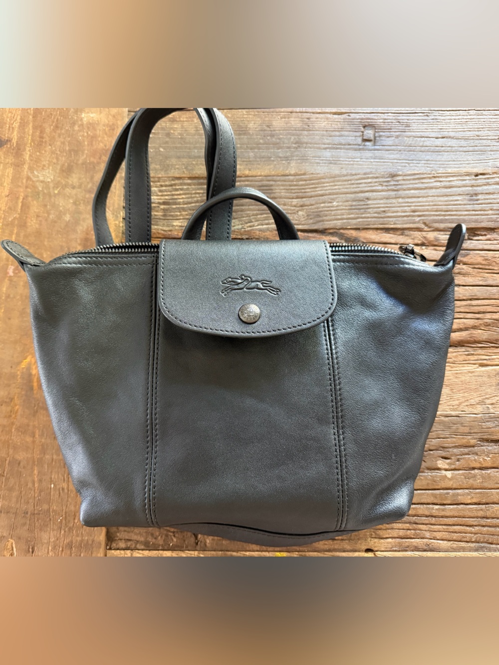 Black Leather Crossbody Bag with Flap Closure - Longchamp Style